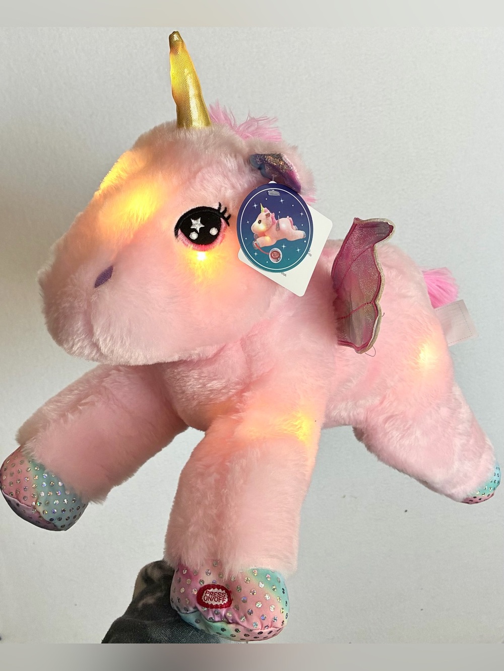 Pink Rainbow Flying Unicorn Sparkling Light Up Battery Plush Toy 20” NWT